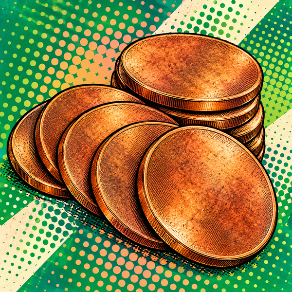 Pop art illustration of reddish copper coin blanks against green and teal halftone shapes