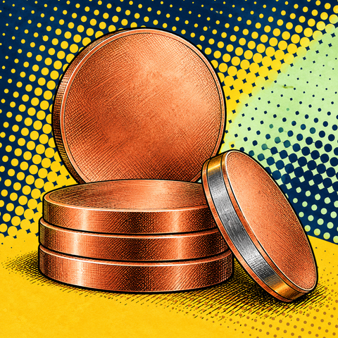 Pop art illustration of copper-plated steel blank coins showing copper-red outer surfaces, with one abstract layered-edge detail suggesting a grey steel core against navy, mustard and pale mint