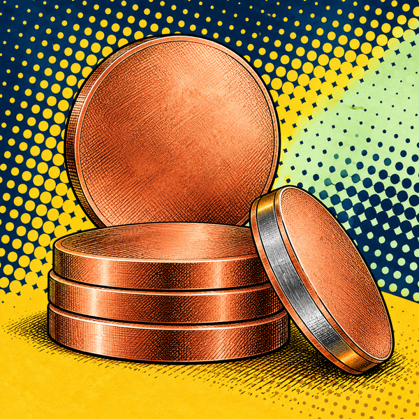 Pop art illustration of copper-plated steel blank coins showing copper-red outer surfaces, with one abstract layered-edge detail suggesting a grey steel core against navy, mustard and pale mint