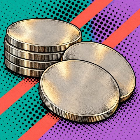 Pop art illustration of cupronickel coin blanks against teal and lilac