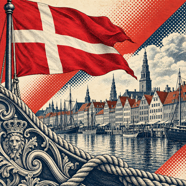 Engraved pop art geographical illustration for Denmark coins