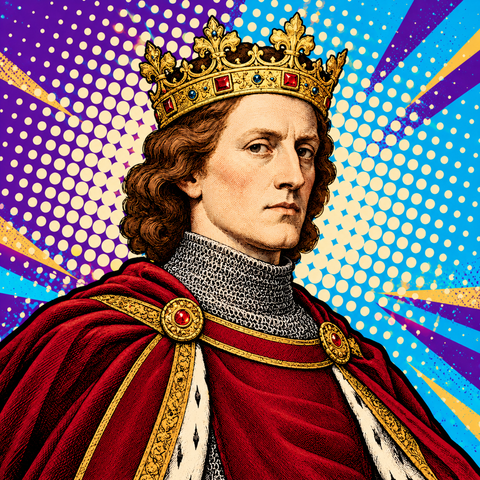 Pop art portrait of Edward I with a medieval crown and crimson mantle against purple and cyan halftone rays