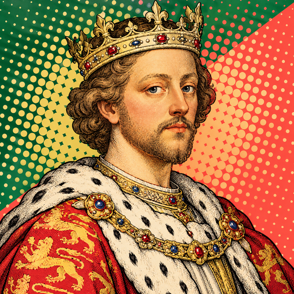 Pop art portrait of Edward II of England against forest green, coral and parchment