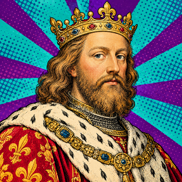 Pop art portrait of Edward III of England against deep purple, turquoise and cream