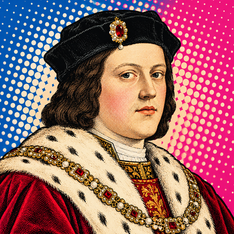 Pop art portrait of Edward IV of England against cobalt blue, rose pink and pale cream