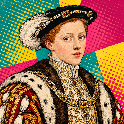 Pop art portrait of Edward VI of England against teal, raspberry and butter yellow
