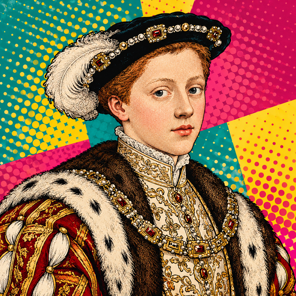 Pop art portrait of Edward VI of England against teal, raspberry and butter yellow