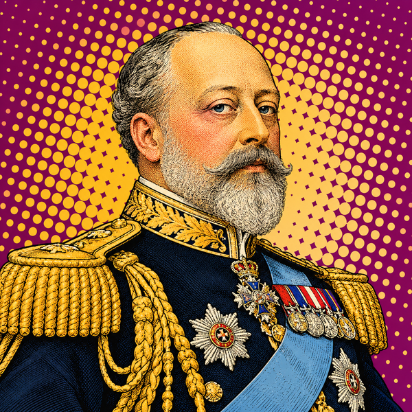Pop art portrait of Edward VII against plum and pale gold