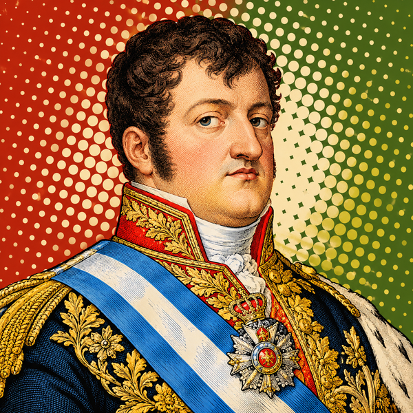 Pop art portrait of Ferdinand VII in rust, olive and cream