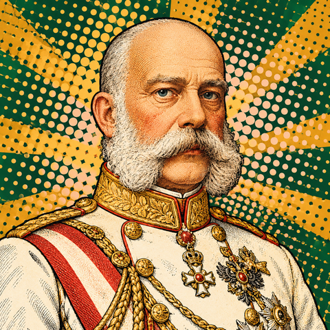 Pop art portrait of Franz Joseph I against forest green and ochre