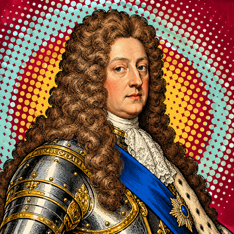 Pop art portrait of George I of Great Britain against wine red, pale aqua and gold