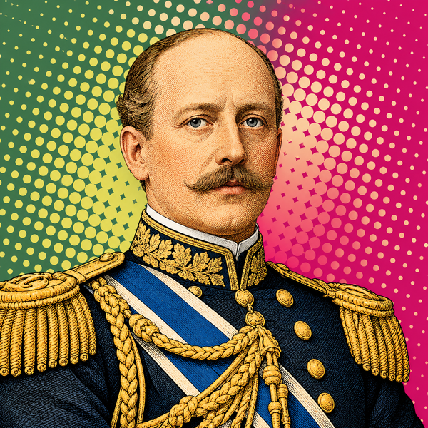 Pop art portrait of George I of Greece against sage green, raspberry and ivory