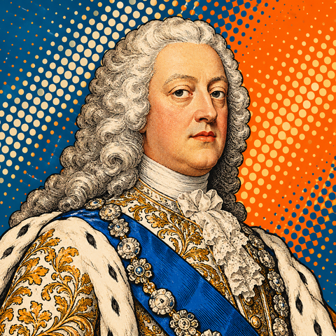 Pop art portrait of George II of Great Britain against petrol blue, burnt orange and ivory