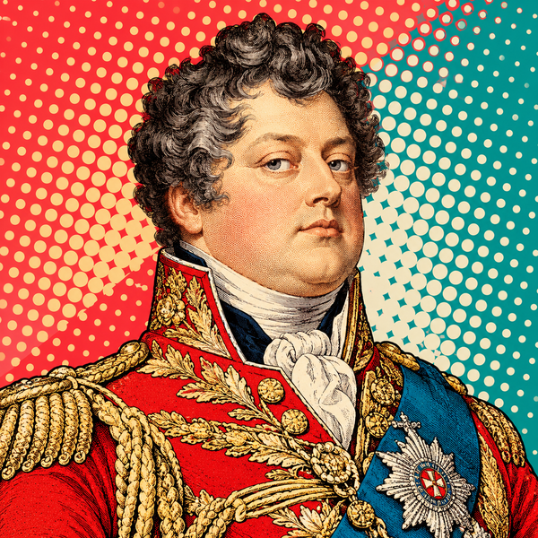 Pop art portrait of George IV against coral and turquoise