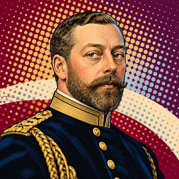 Pop art portrait of George V in naval uniform against burgundy and gold halftone dots