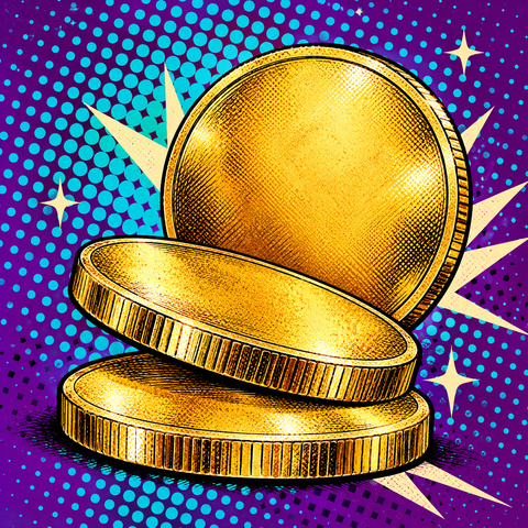Pop art illustration of golden coin blanks against violet and turquoise halftone shapes
