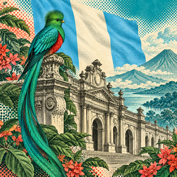 Engraved pop art geographical illustration for Guatemala coins