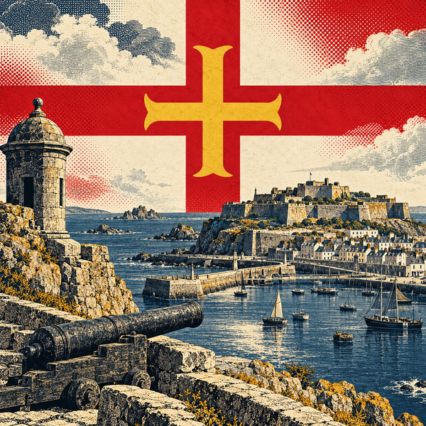 Engraved pop art geographical illustration for Guernsey coins