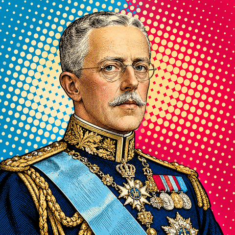 Pop art portrait of Gustaf V of Sweden against ice blue and raspberry