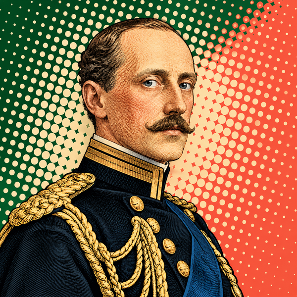 Pop art portrait of Haakon VII of Norway against forest green, warm coral and ivory
