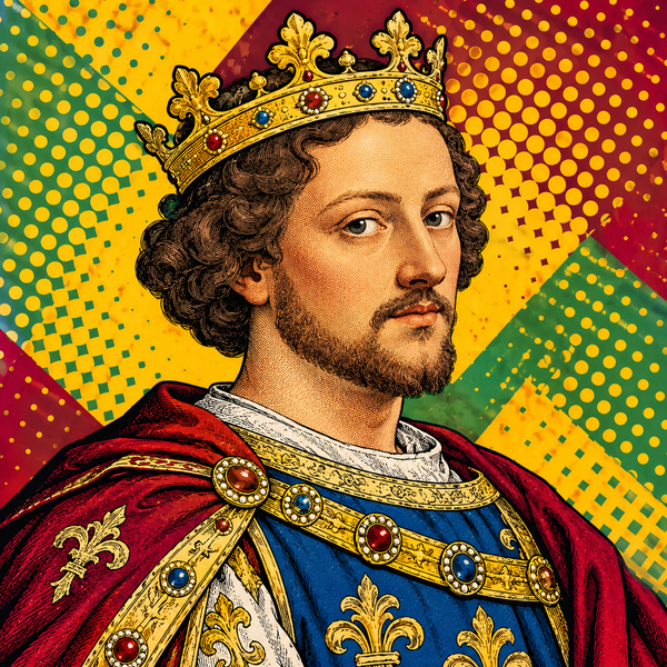 Pop art portrait of Henry III of England against saffron yellow, sage green and burgundy