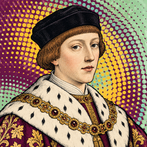 Pop art portrait of Henry VI of England against plum purple, pale mint and ochre
