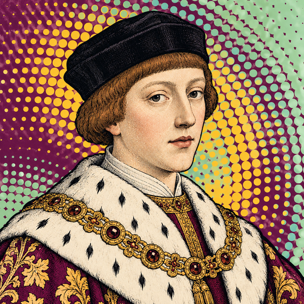 Pop art portrait of Henry VI of England against plum purple, pale mint and ochre