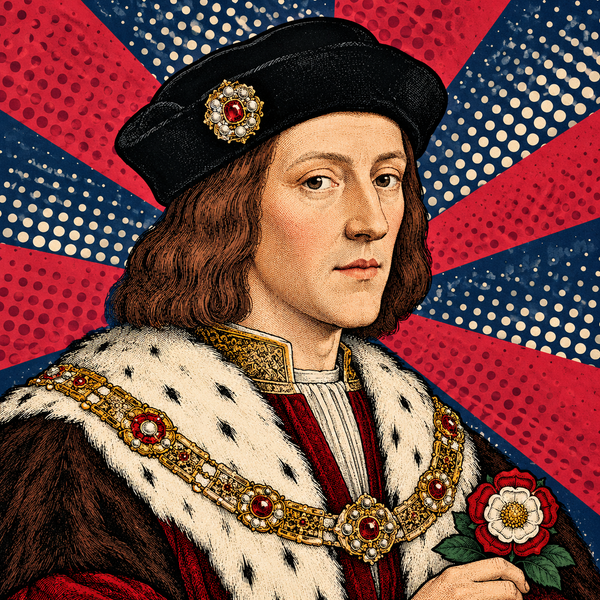 Pop art portrait of Henry VII of England against navy blue, muted crimson and ivory