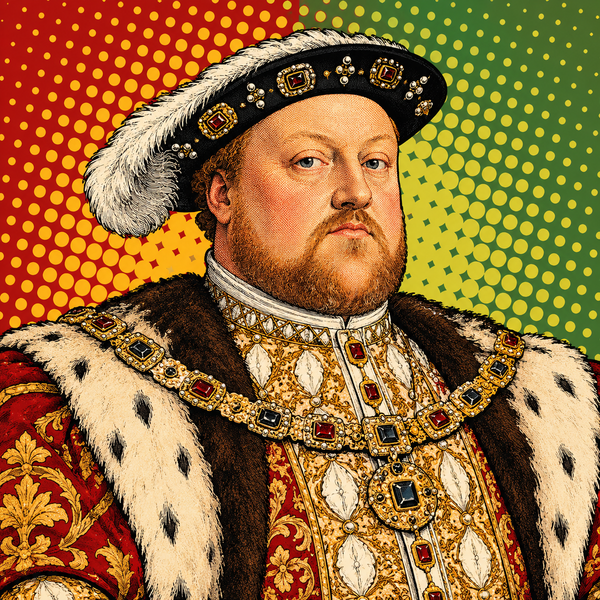 Pop art portrait of Henry VIII against red and sage green