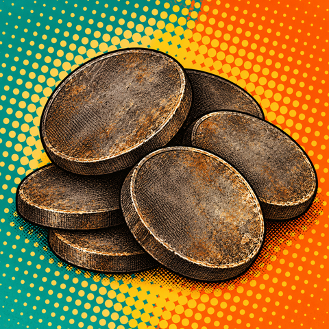 Pop art illustration of iron blank coins, dark iron grey, mild brown age patina against turquoise, warm orange and parchment