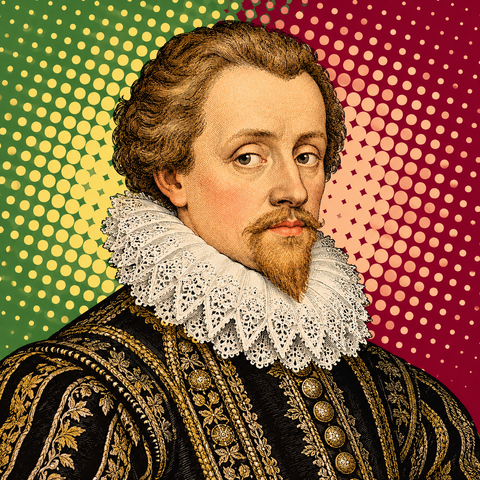 Pop art portrait of James I in sage, burgundy and peach