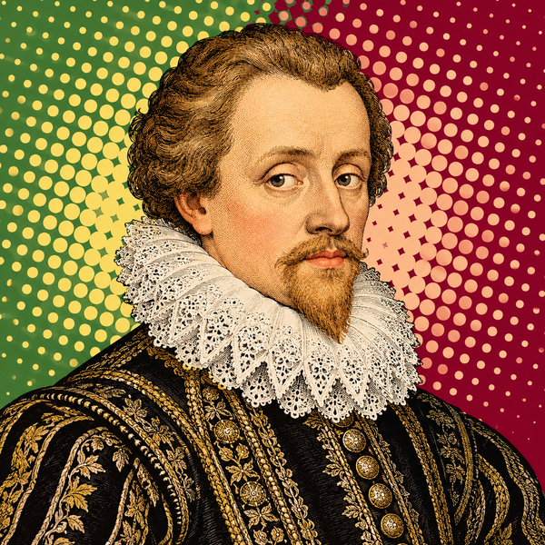 Pop art portrait of James I in sage, burgundy and peach