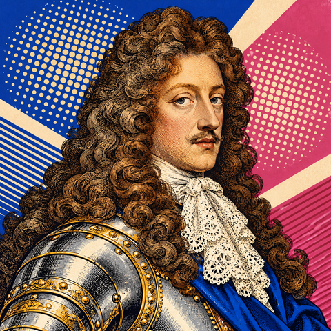 Pop art portrait of James II in cobalt, rose and cream
