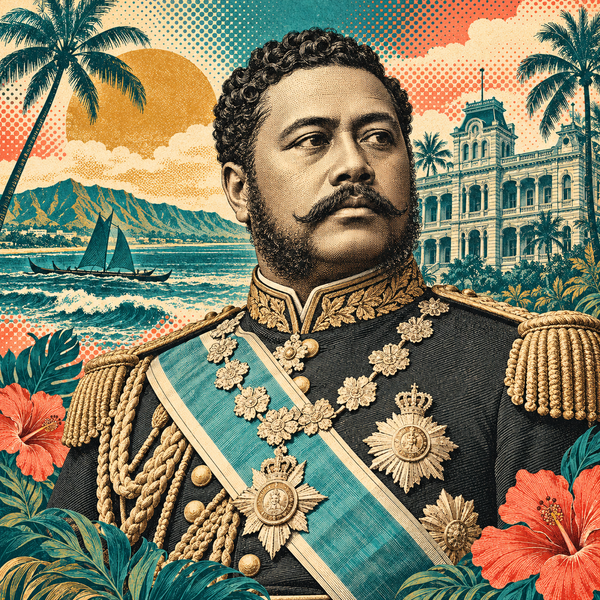 Engraved pop art portrait of Kalakaua of Hawaii for the coin collection