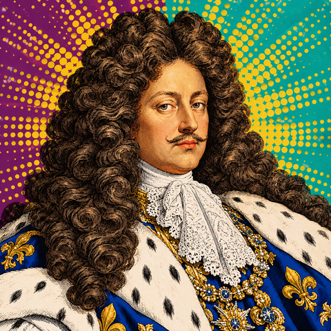 Pop art portrait of Louis XIV in aubergine, turquoise and gold