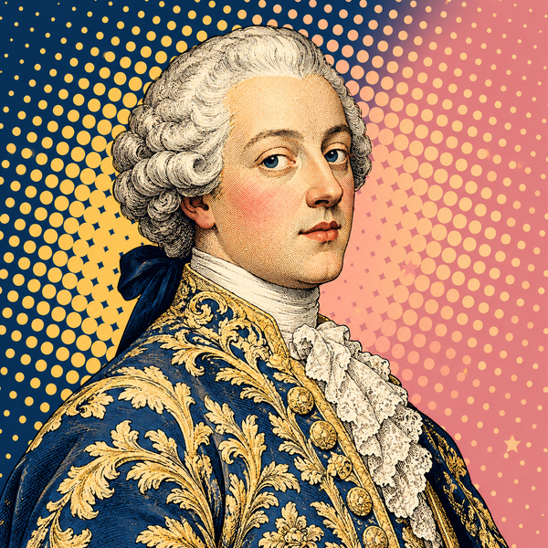 Pop art portrait of Louis XV of France against navy, pale gold and blush