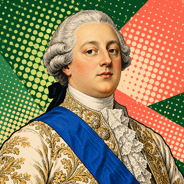Pop art portrait of Louis XVI of France against forest green, coral and cream