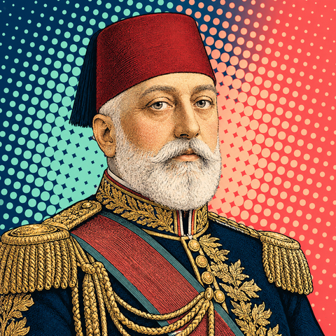 Pop art portrait of Mehmed V against navy, dusty coral and mint