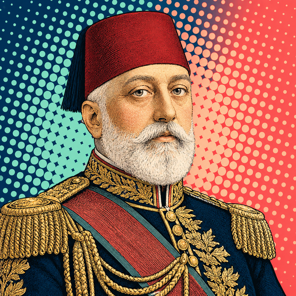 Pop art portrait of Mehmed V against navy, dusty coral and mint