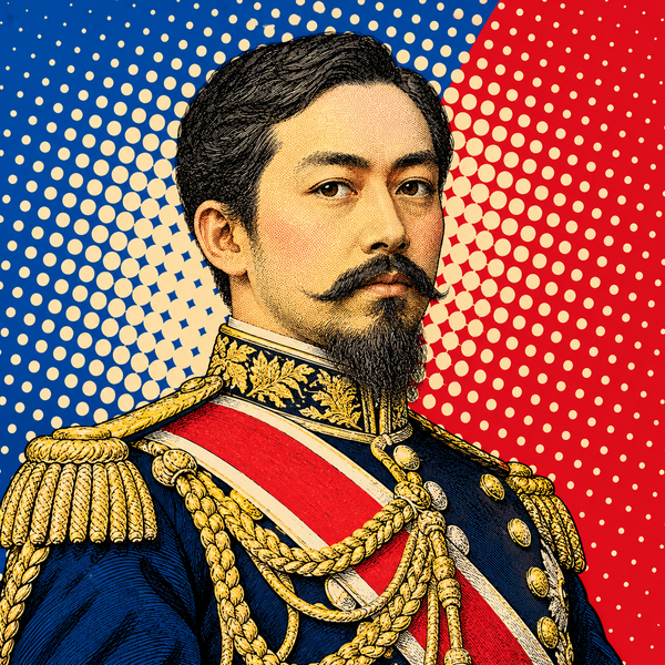 Pop art portrait of Meiji of Japan against cobalt, crimson and pale cream