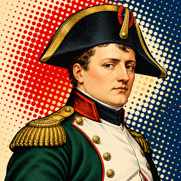 Pop art portrait of Napoleon I in a bicorne hat against ivory, scarlet and navy halftone arcs
