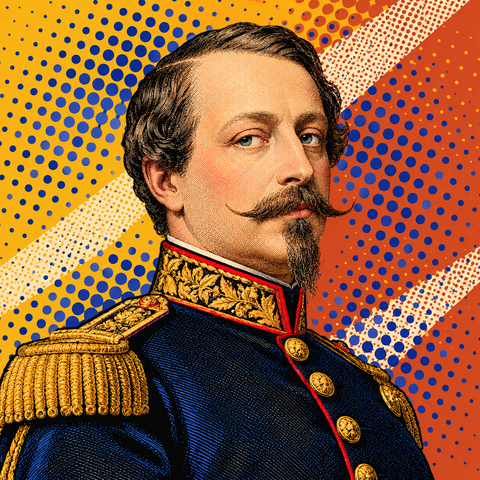 Pop art portrait of Napoleon III with a moustache and goatee against mustard and terracotta halftone dots