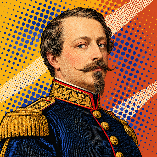 Pop art portrait of Napoleon III with a moustache and goatee against mustard and terracotta halftone dots