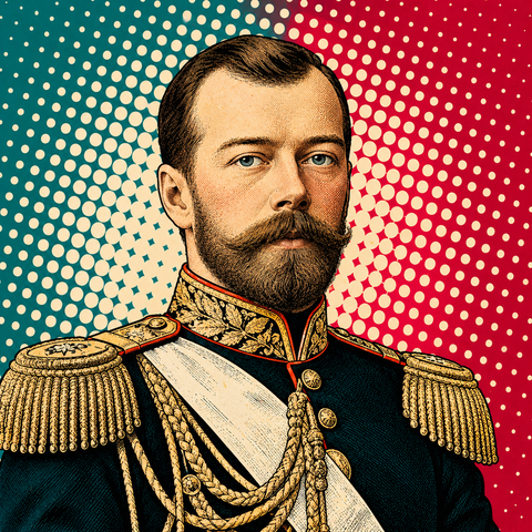 Pop art portrait of Nicholas II of Russia against teal, deep crimson and pale cream