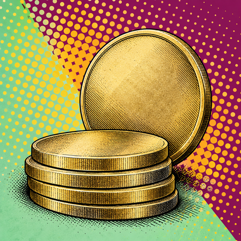Pop art illustration of nickel brass alloy blank coins with muted yellow brass metallic colour against plum, pale mint and ochre