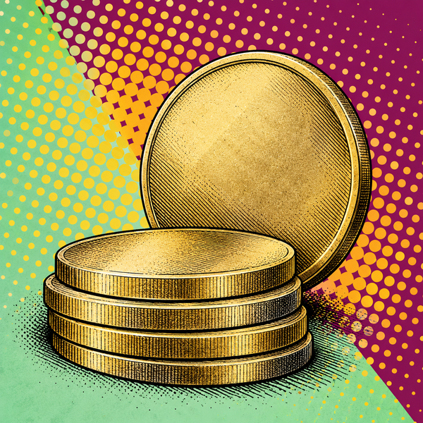 Pop art illustration of nickel brass alloy blank coins with muted yellow brass metallic colour against plum, pale mint and ochre