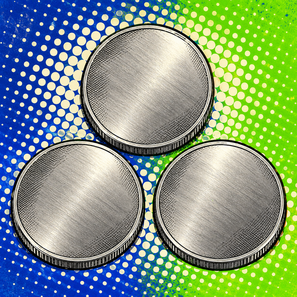 Pop art illustration of nickel coin blanks against ultramarine and lime