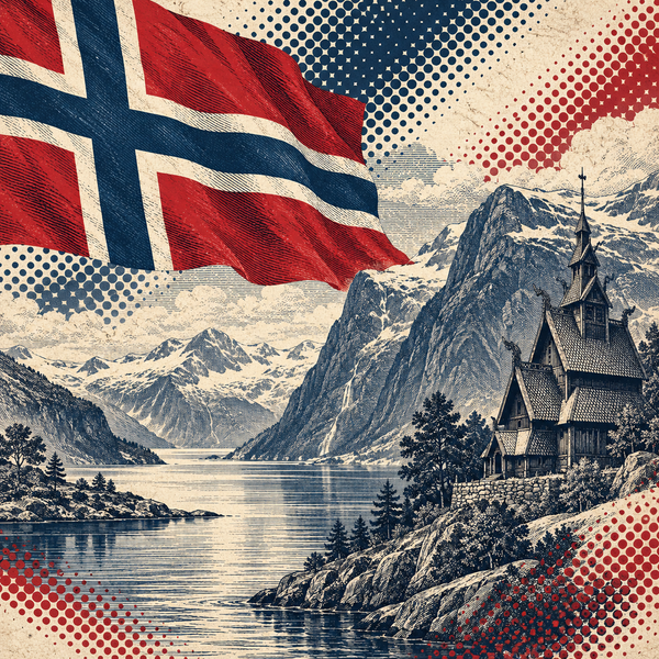 Engraved pop art geographical illustration for Norway coins