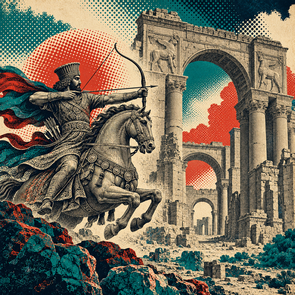 Engraved pop art historical illustration for Parthian Empire coins