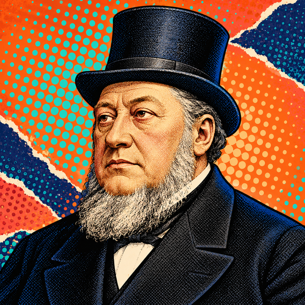Pop art portrait of Paul Kruger wearing a top hat, with orange and turquoise halftone background